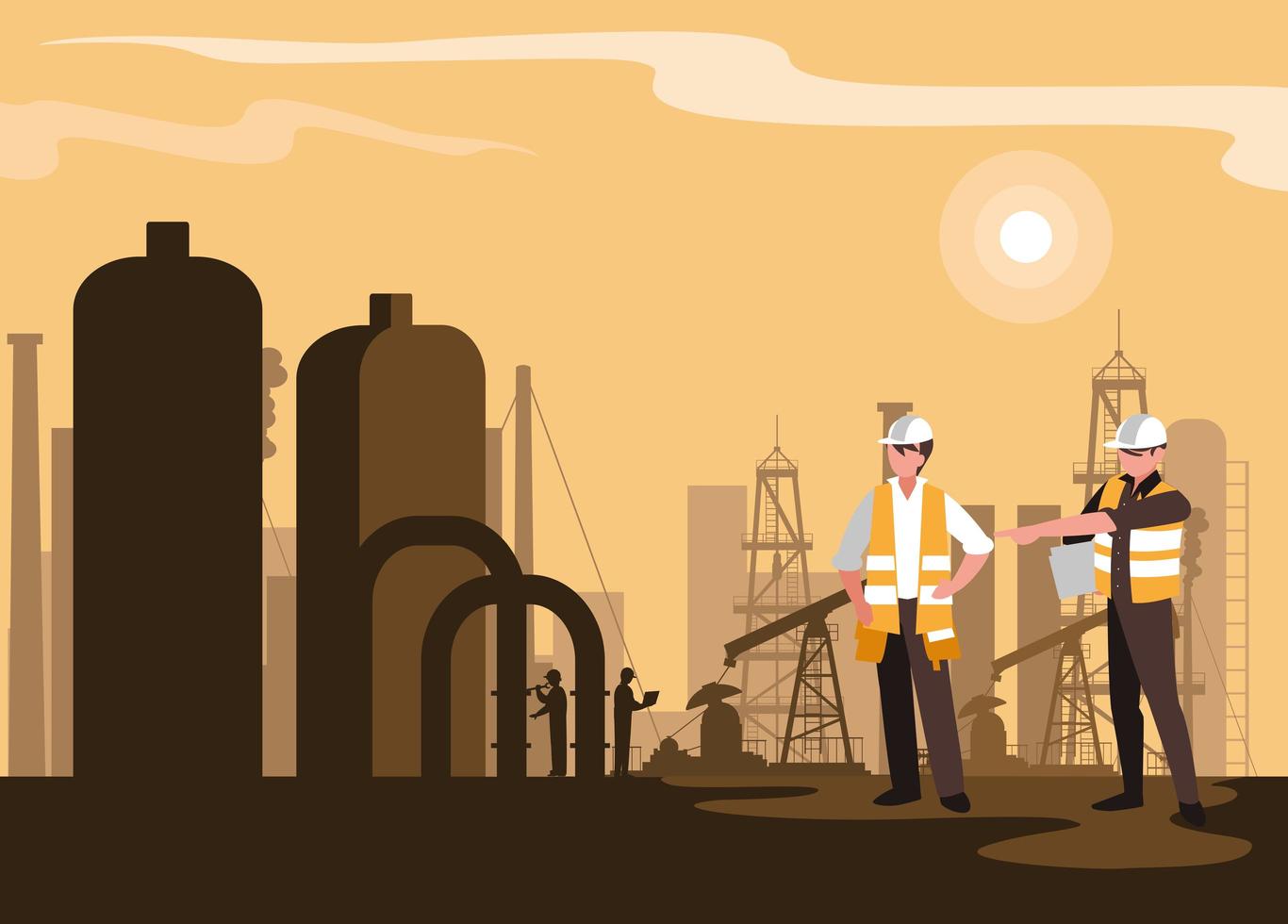 Oil industry scene with plant pipeline and workers vector