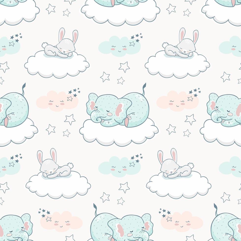 Cartoon cute animal seamless background pattern. Elephant and rabbit sleeping on the cloud among stars and clouds in the night sky.  vector