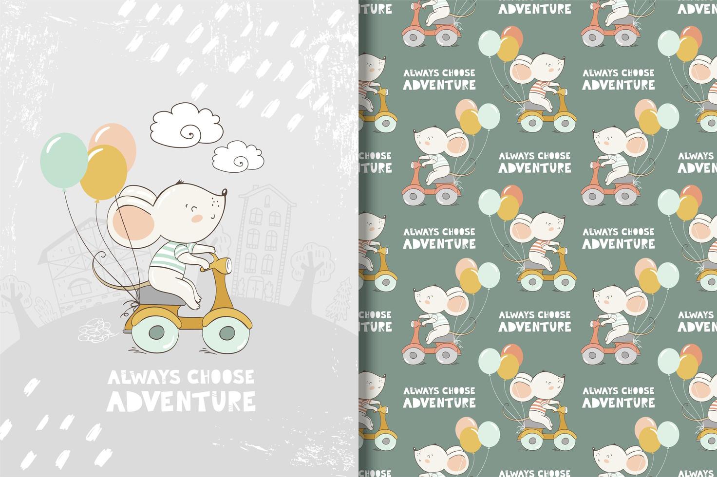 Baby mouse on scooter with balloons drawing and pattern vector