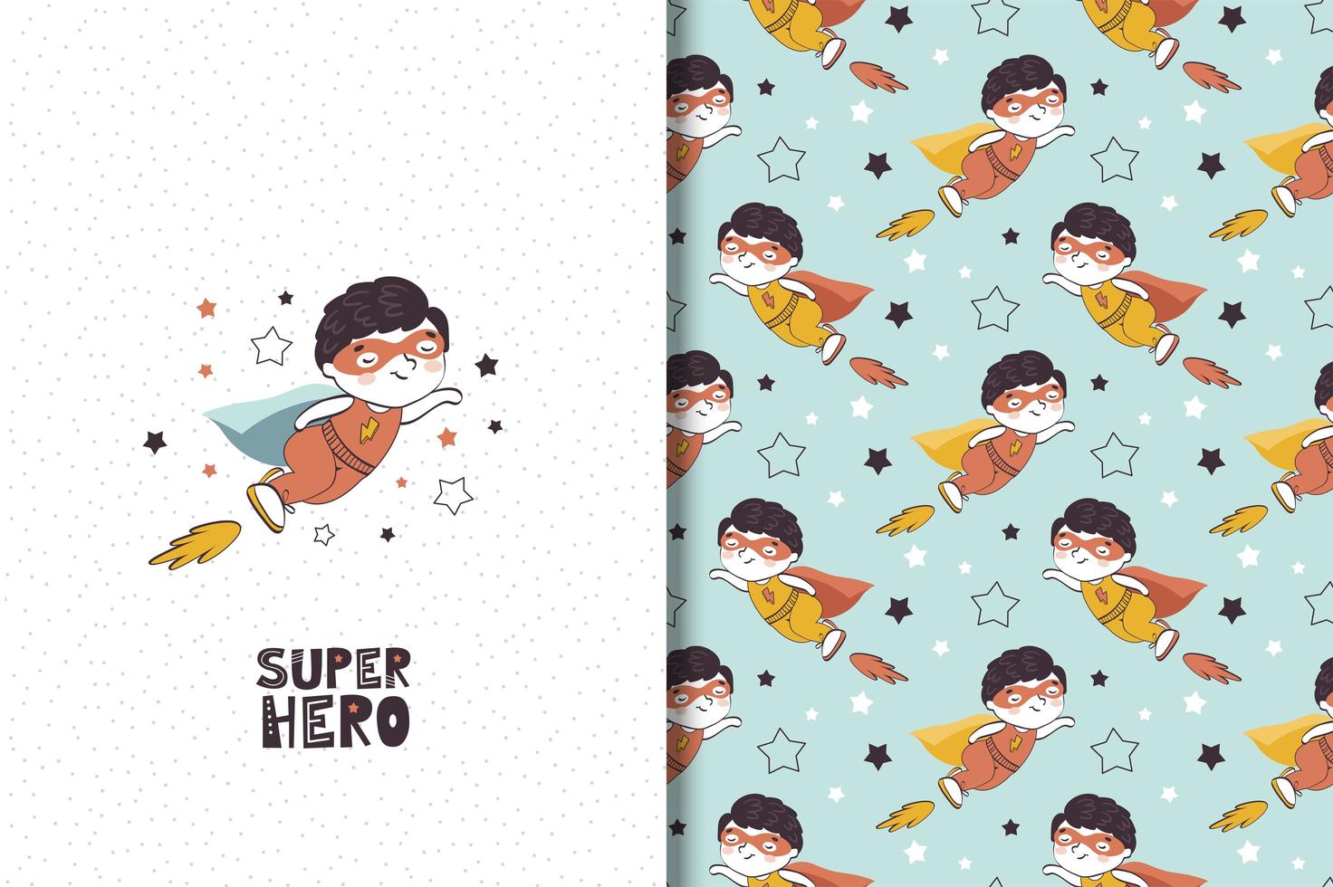 Cartoon boy superhero cute character and pattern vector