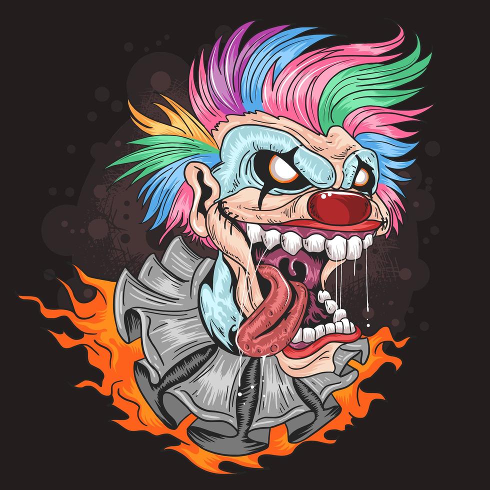 Laughing clown with rainbow colored hair and fire vector