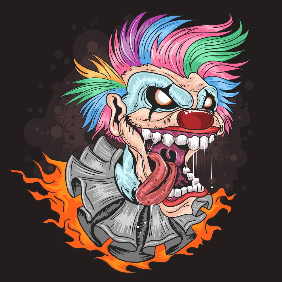 Laughing clown with rainbow colored hair and fire vector