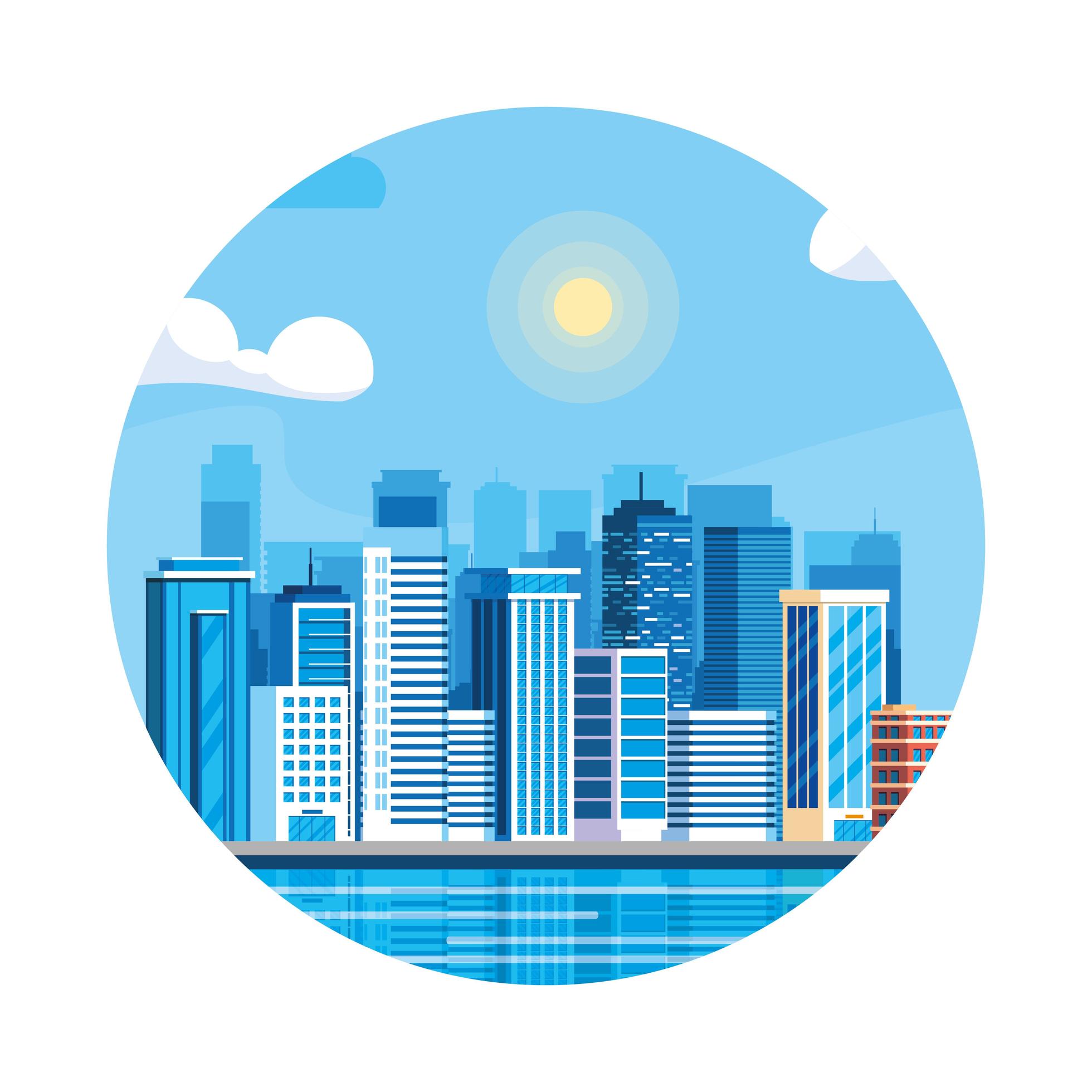 Cityscape buildings day scene in frame circular 1312242 Vector Art at ...