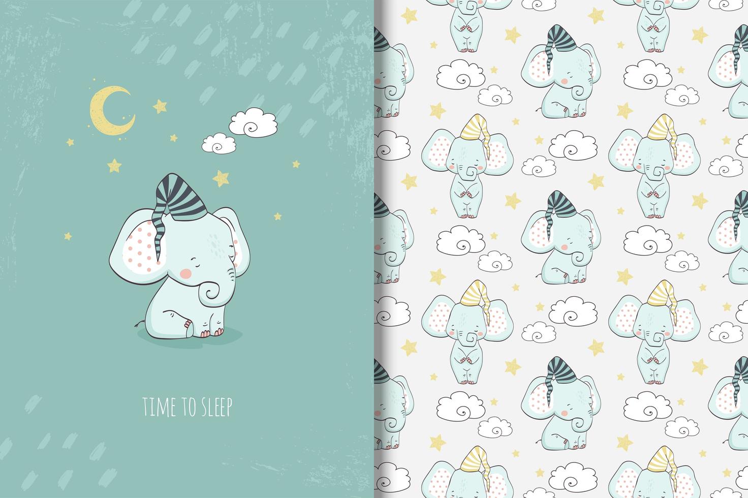 Baby elephant time to sleep drawing and pattern vector