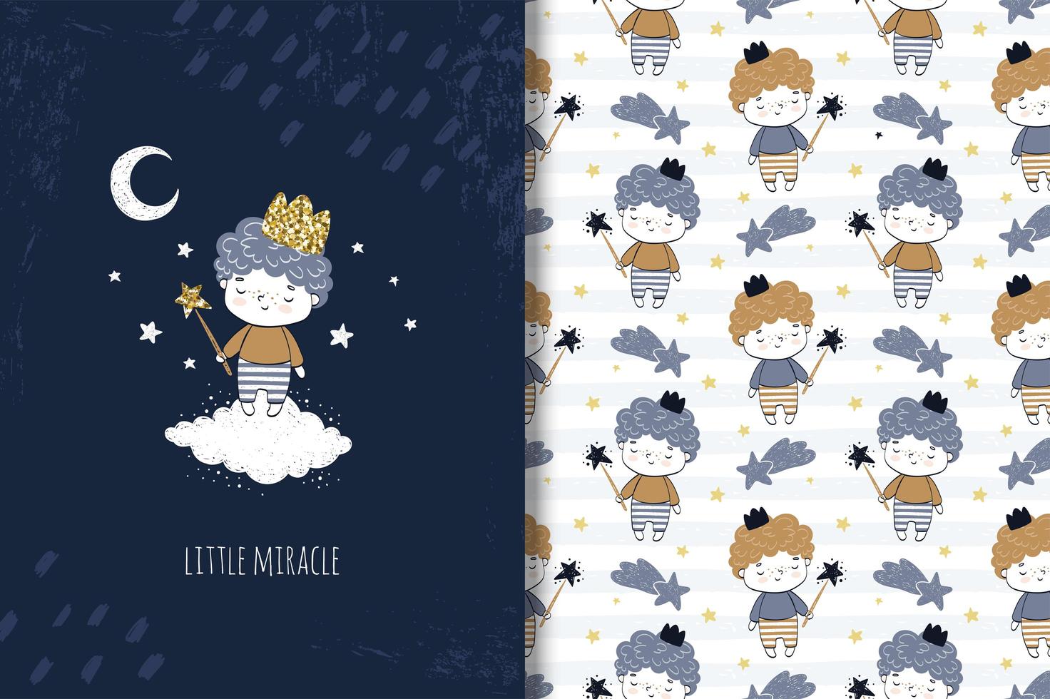 Little boy with golden crown drawing and pattern vector