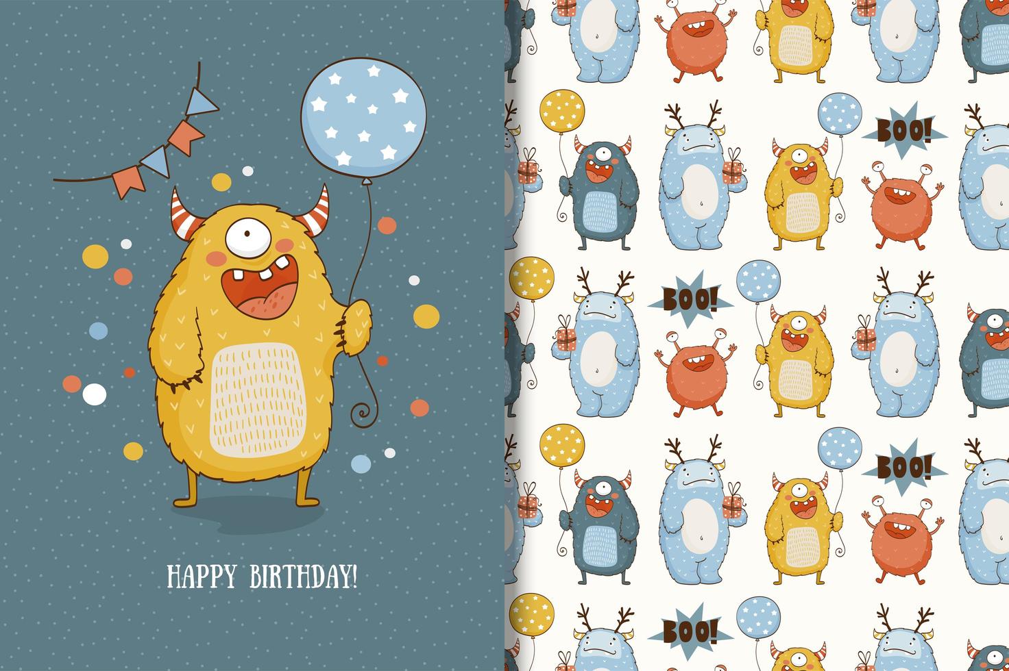Cute cartoon funny monster characters and pattern vector