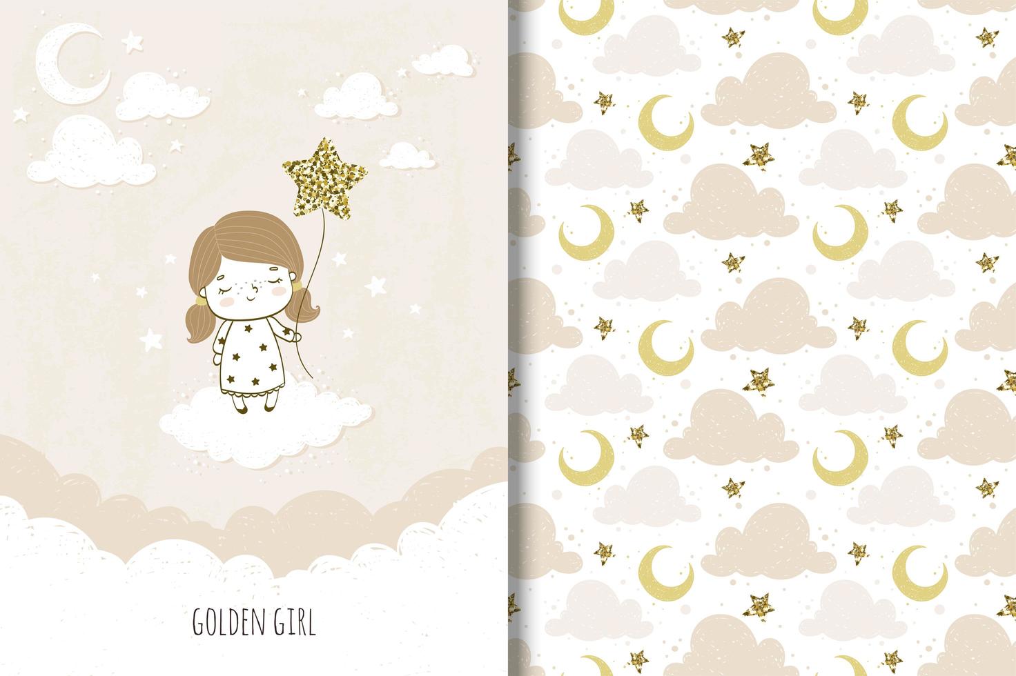 Cute girl with star balloon and night sky pattern vector