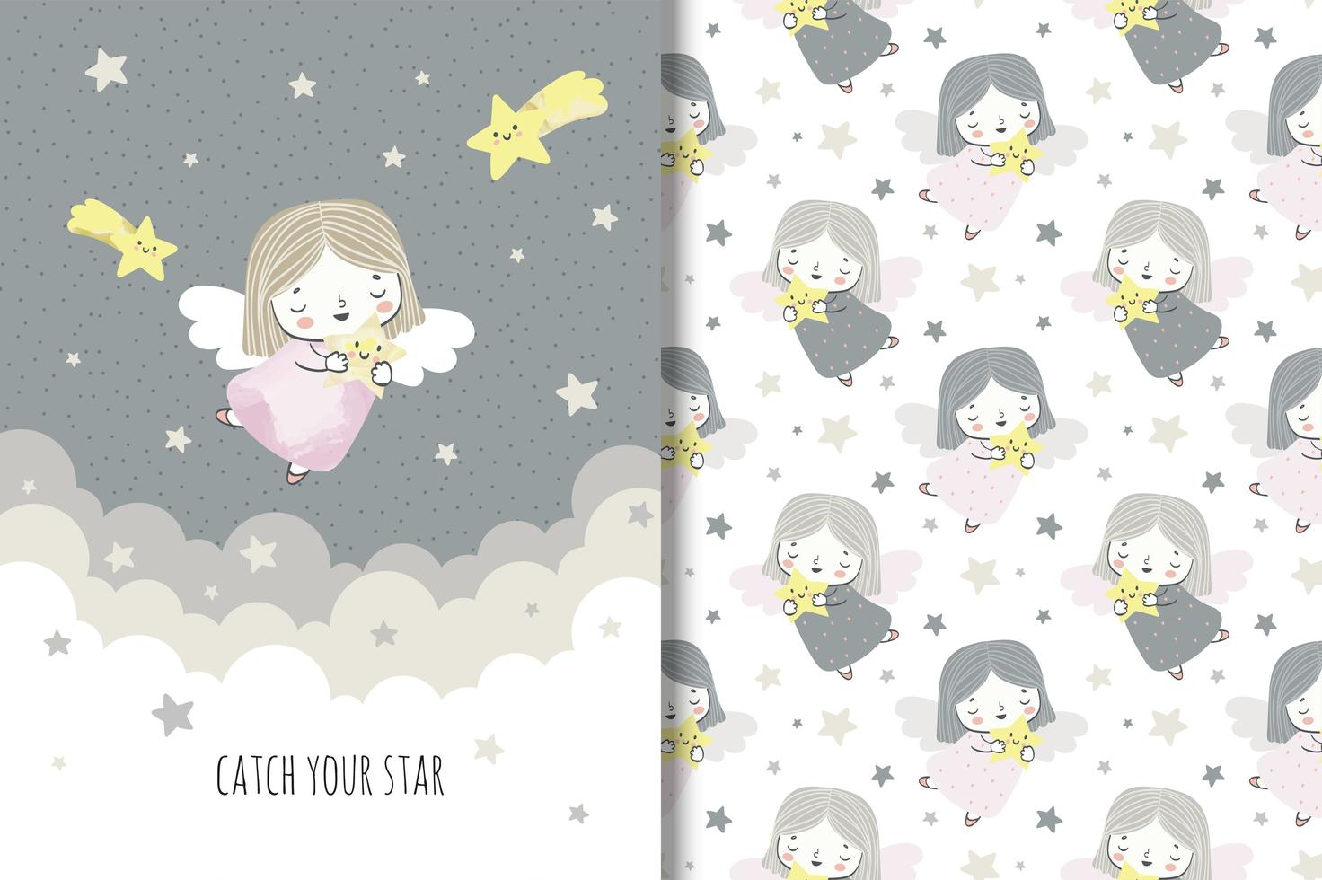 Little angel with shooting stars pattern and drawing vector