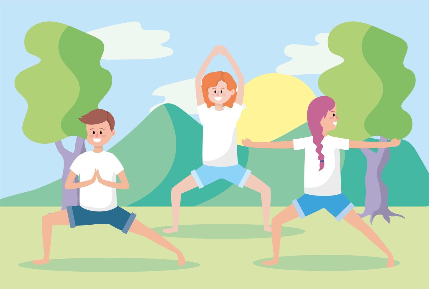 Young people doing yoga outdoors vector