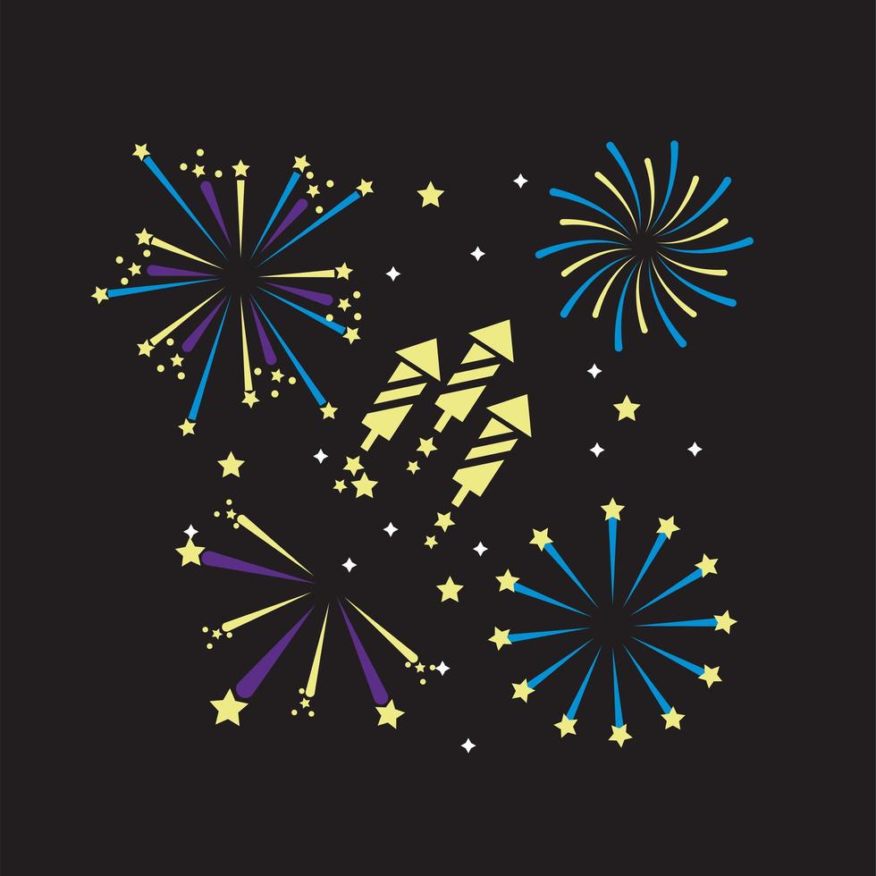 Night fireworks icon set vector