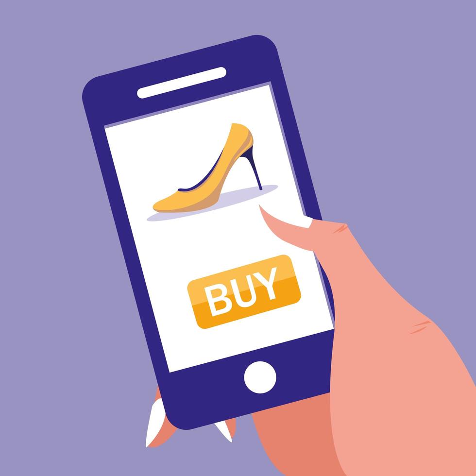 Hand and smartphone with shopping online vector