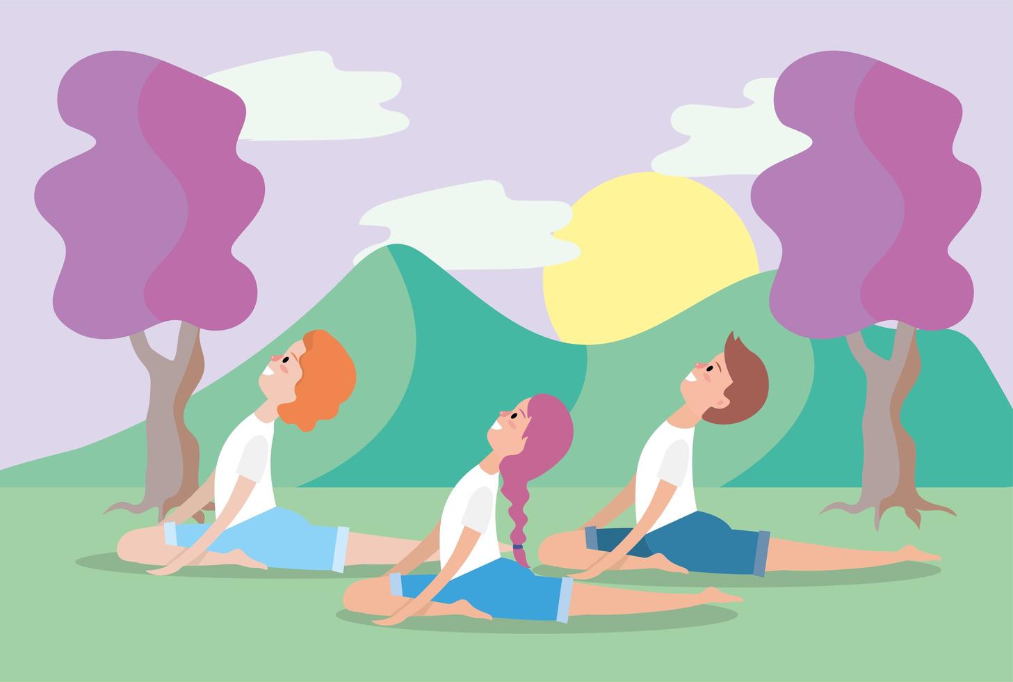 Young people doing yoga outdoors vector