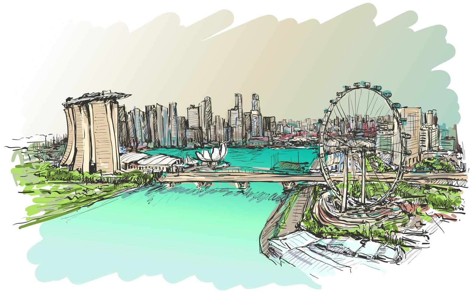 Color sketch of Singapore skyline  vector