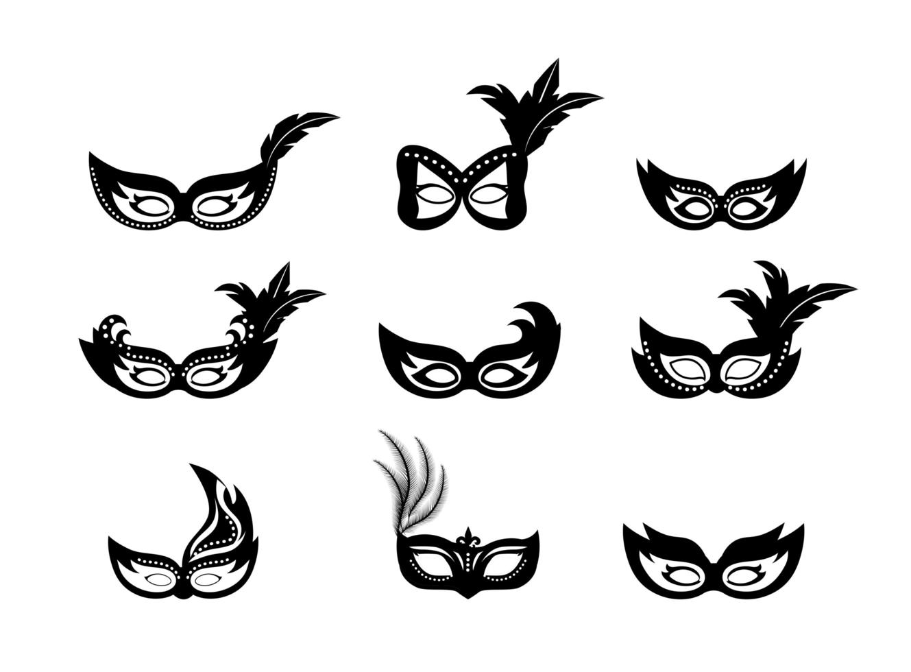 Mardi gras masks silhouette icon set vector