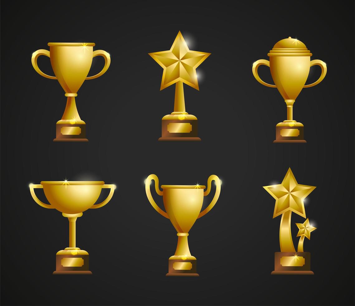 Conjunto de trofeos y copas de premios de oro. vector