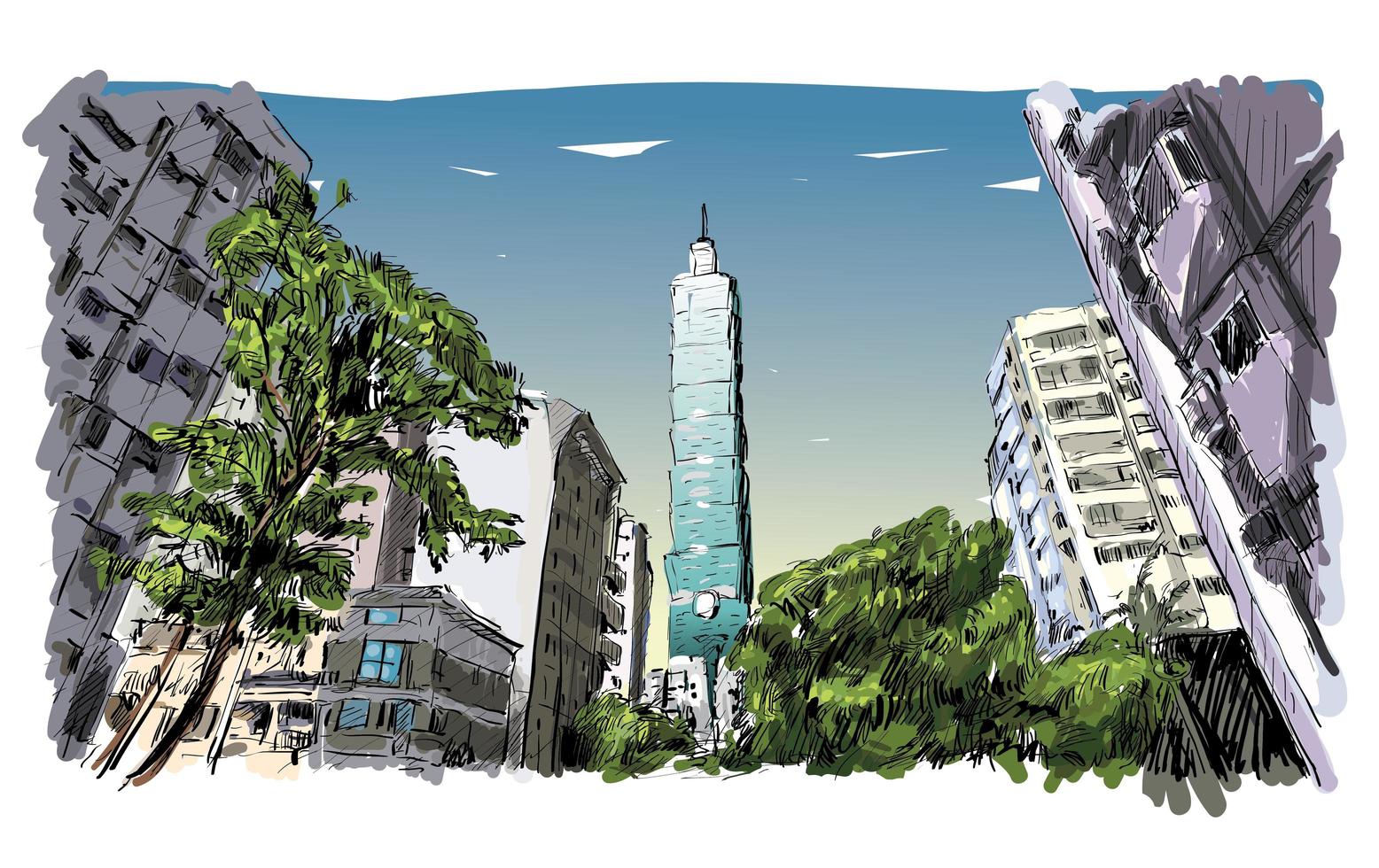 Color sketch of Taiwan cityscape with skyscrapers vector