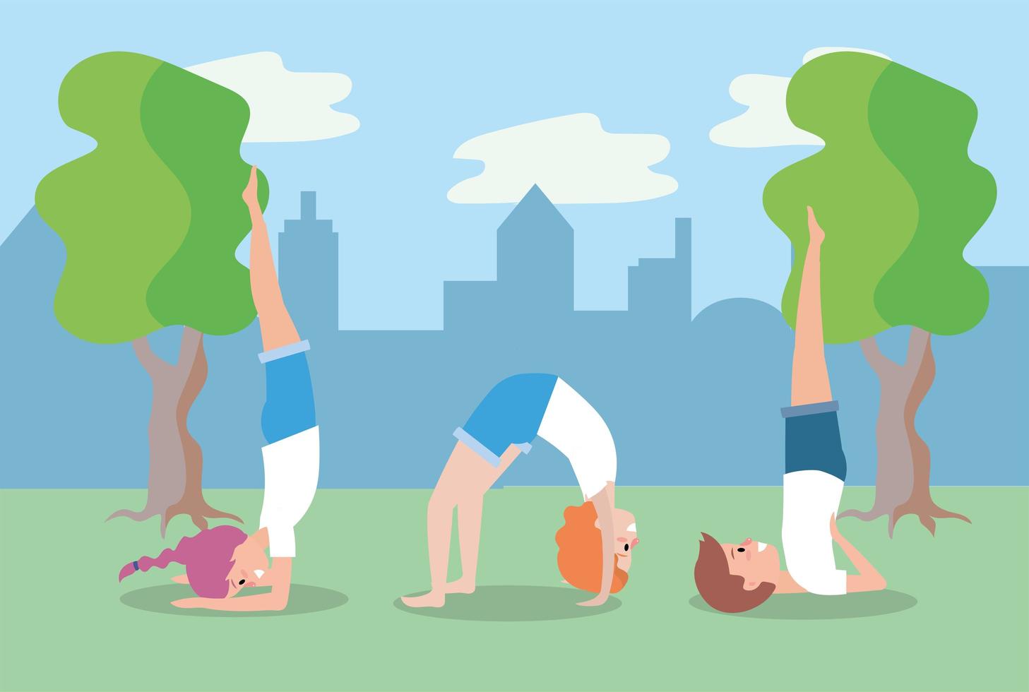 Young people doing yoga outdoors vector