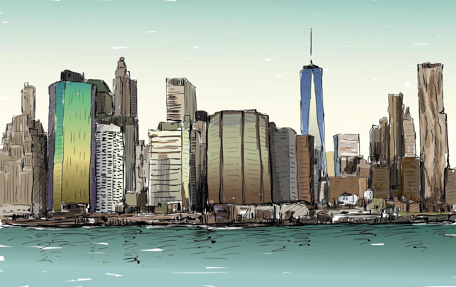 Color sketch of New York City cityscape with skyscrapers