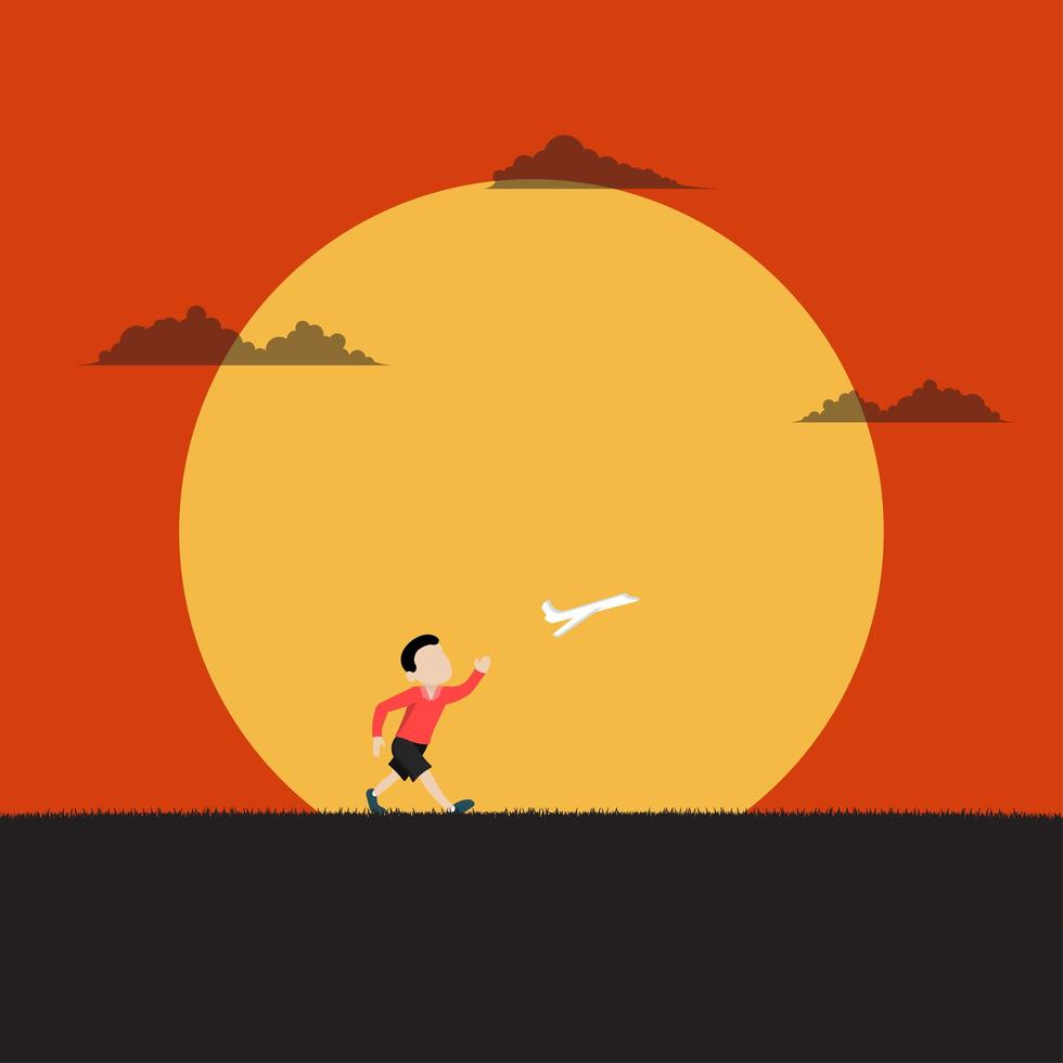 Little boy playing the plane running with paper airplane vector