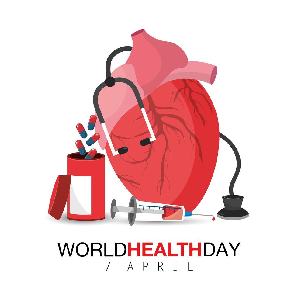 día mundial de la salud con corazón y medicina vector