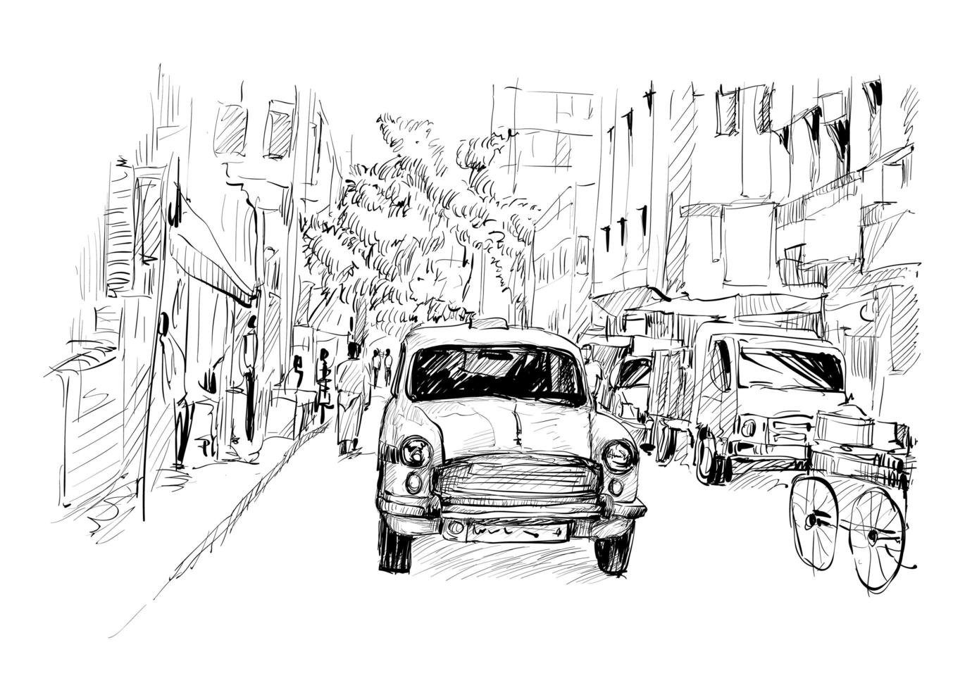 boceto de un taxi en un paisaje urbano vector