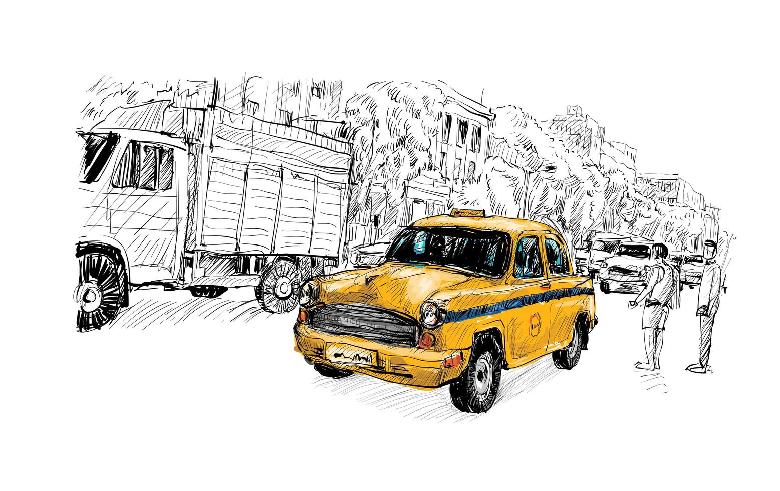 boceto de un taxi en un paisaje urbano vector