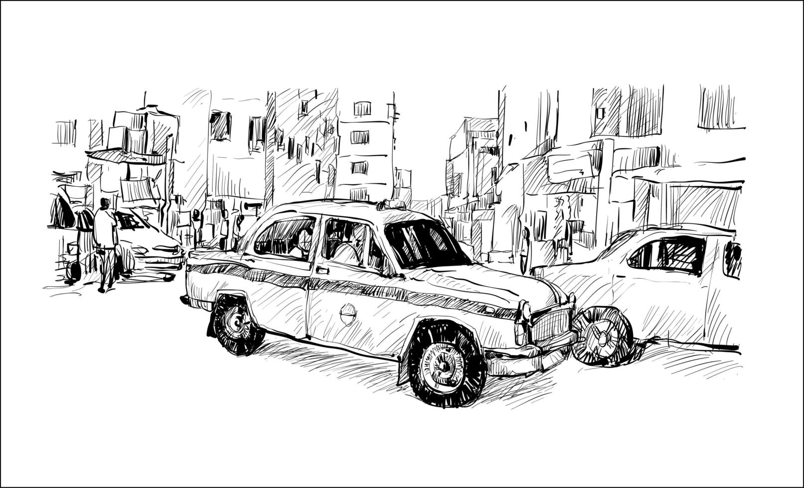 Boceto de un taxi en un paisaje urbano en la India vector