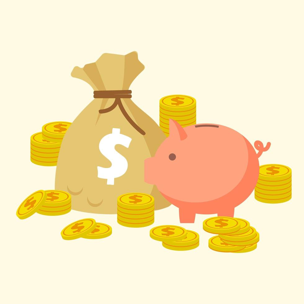 Piggy bank with gold coins and a bag of money vector