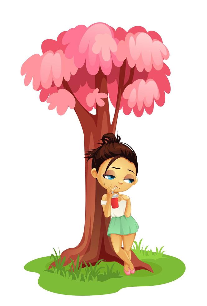 niña triste de pie debajo del árbol vector