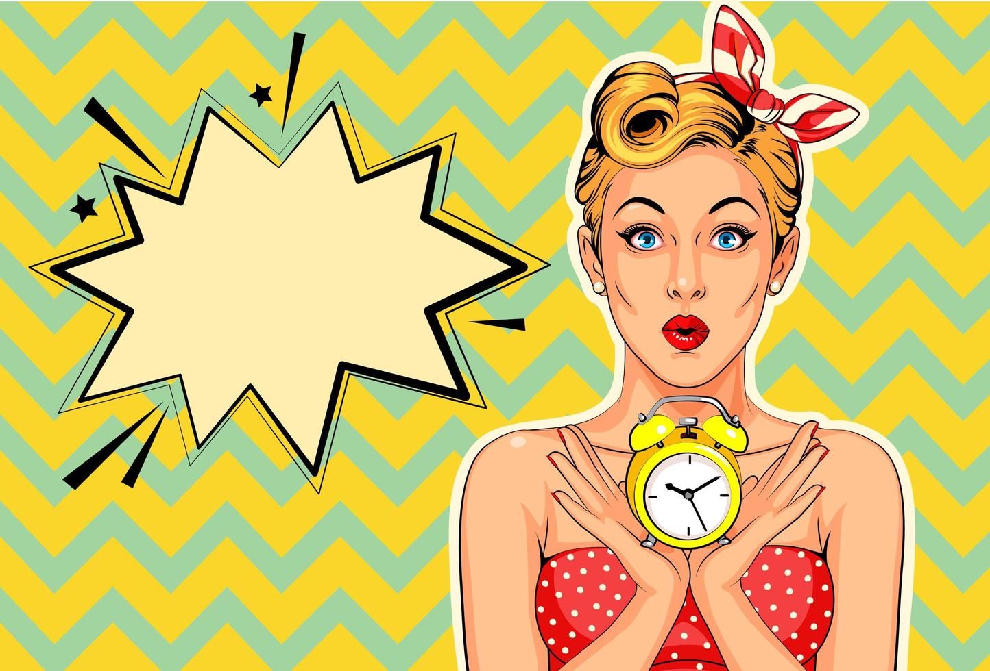 Beautiful pin up model with alarm clock vector