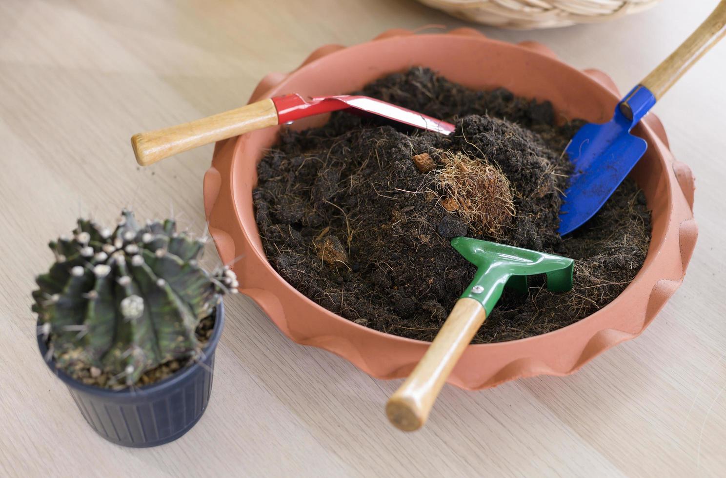 Gardening shovels and soil photo