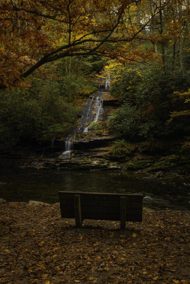 banco cerca de una pequeña cascada. foto