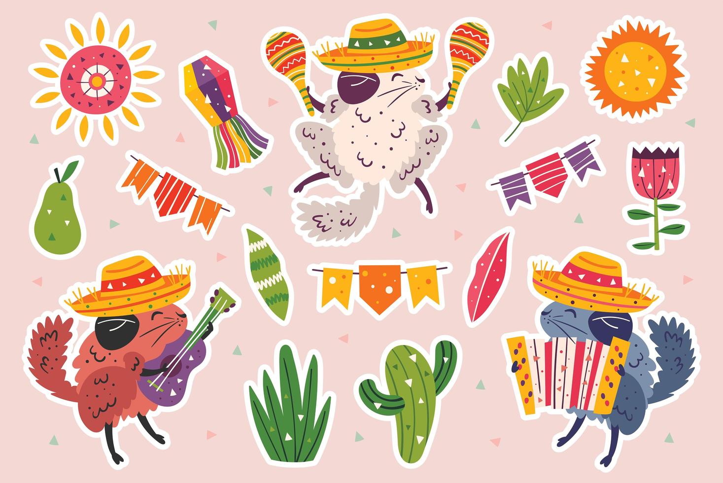 Set of cute chinchillas with instruments and other items vector