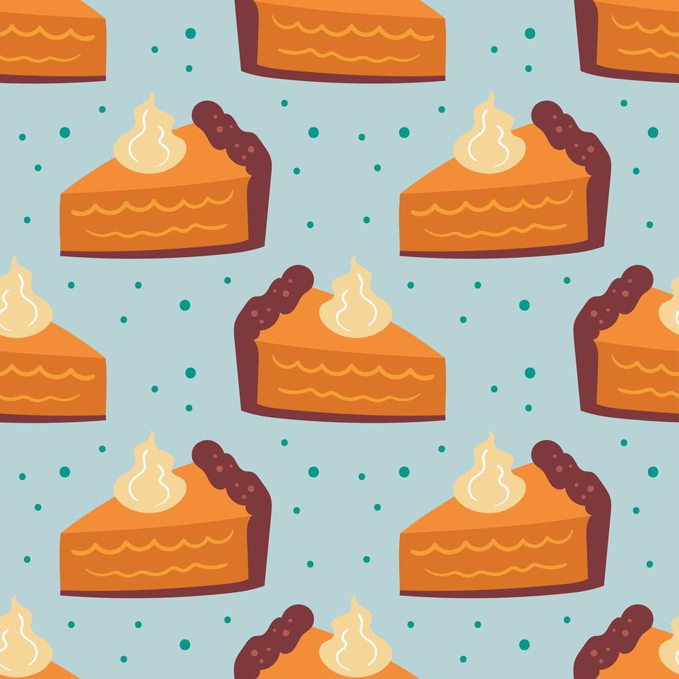 Autumn elements seamless pattern, texture. Pumpkin pie on light blue background. Cake, sweet food, baking. vector