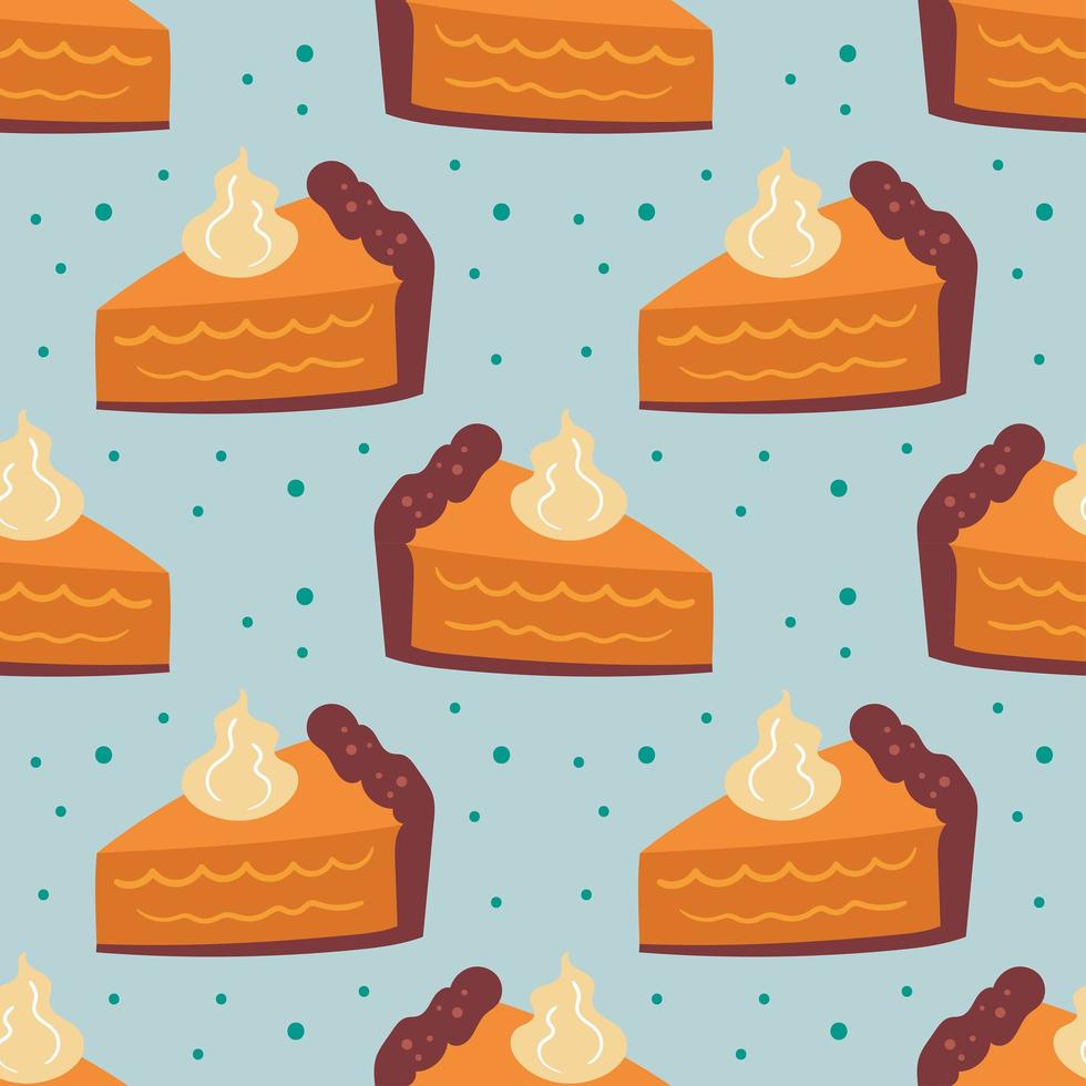 Autumn elements seamless pattern, texture. Pumpkin pie on light blue background. Cake, sweet food, baking. vector