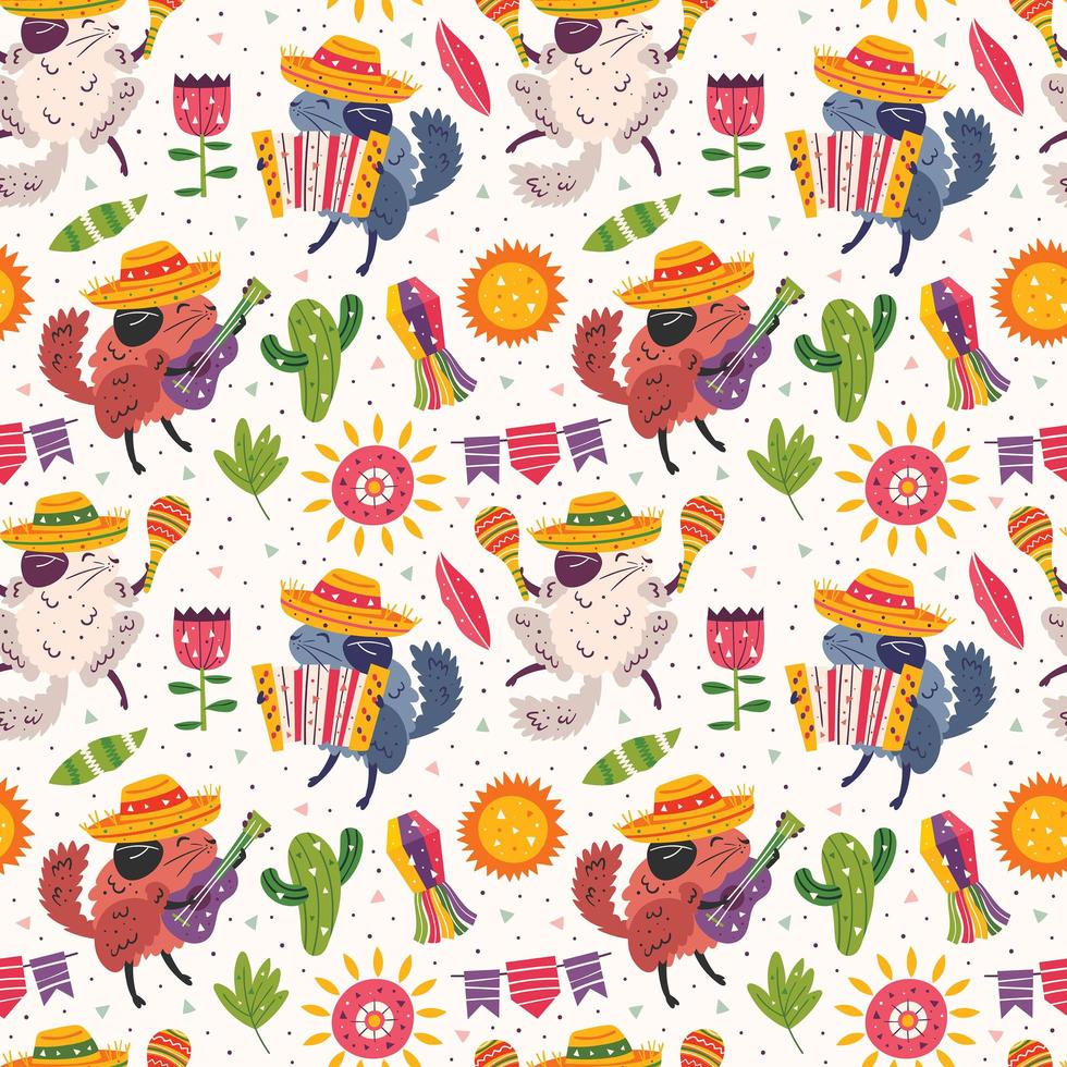 Cute chinchillas in sombreros with instruments pattern vector