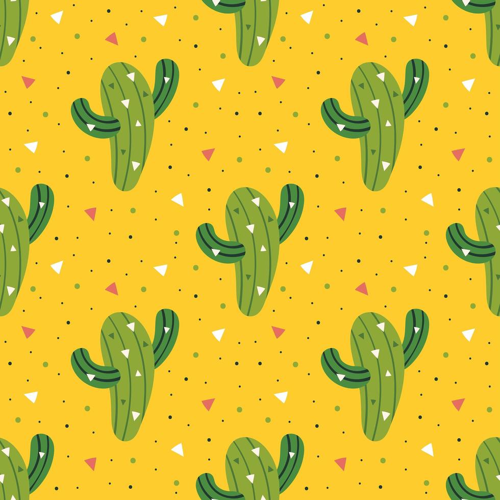 Little cute green cactus on yellow seamless pattern vector