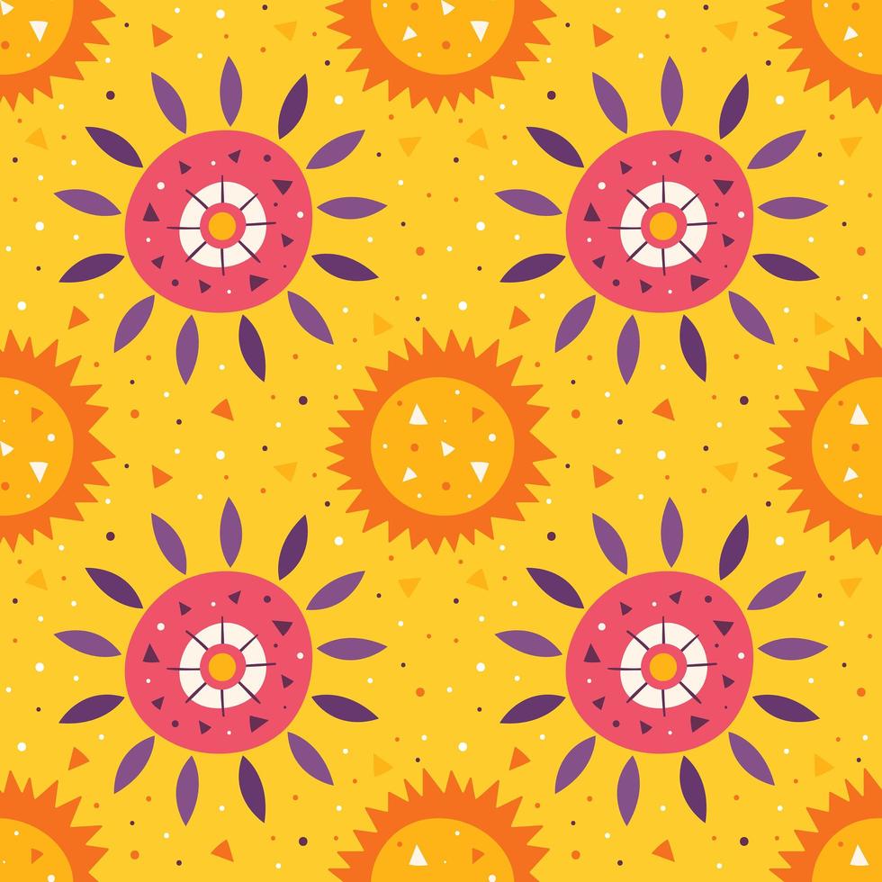 Little cute sun and flower on yellow pattern vector