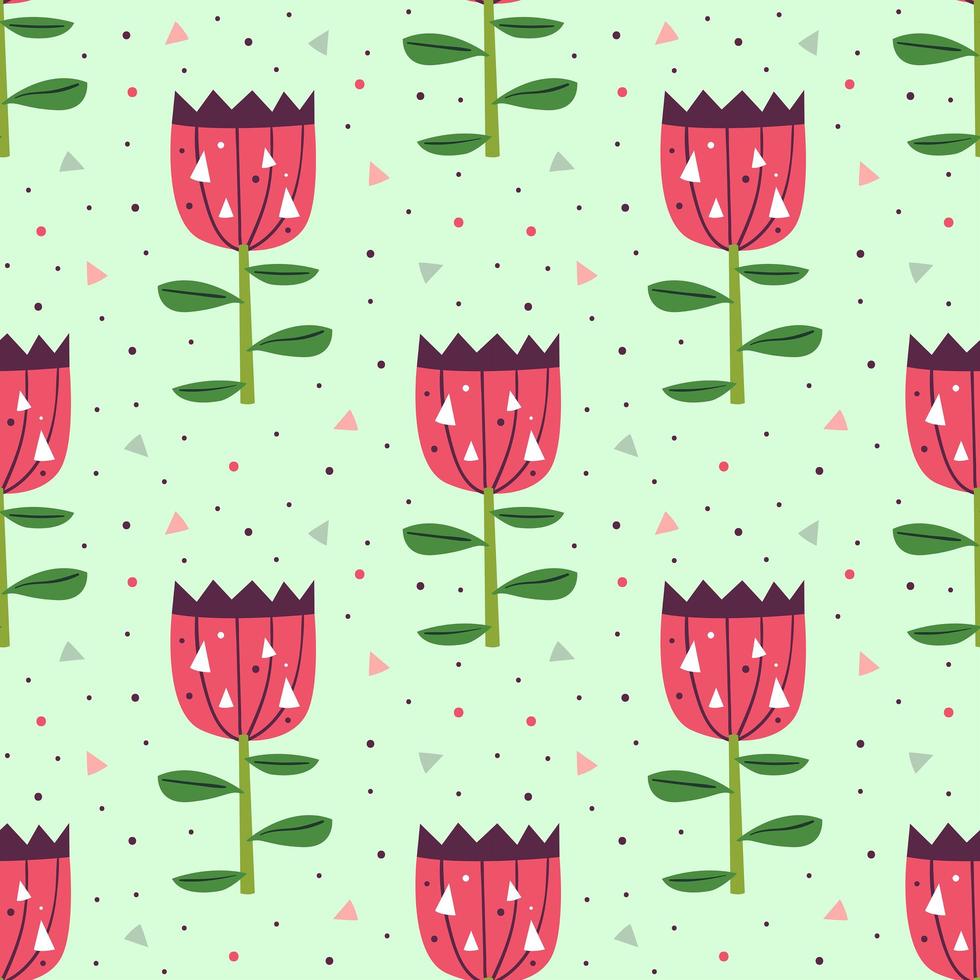 Little cute pink flowers on green seamless pattern vector