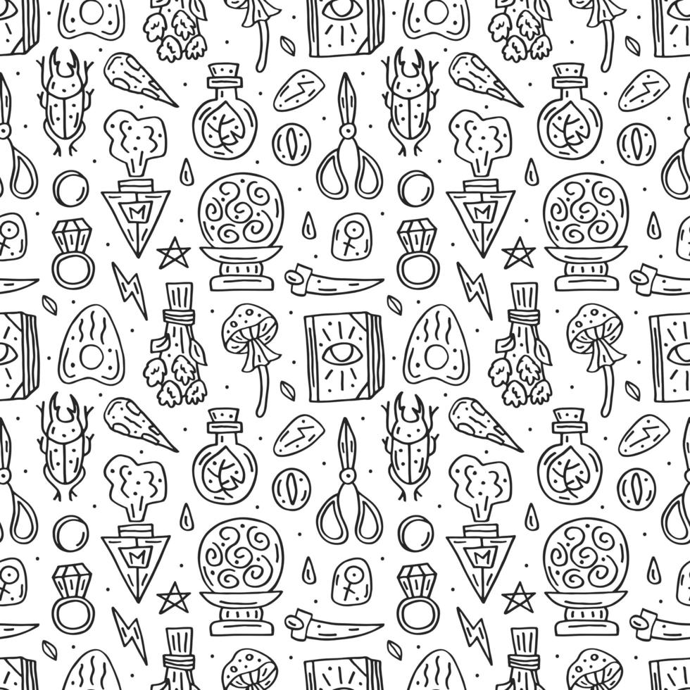 Witchcraft line style doodle hand drawn seamless pattern vector