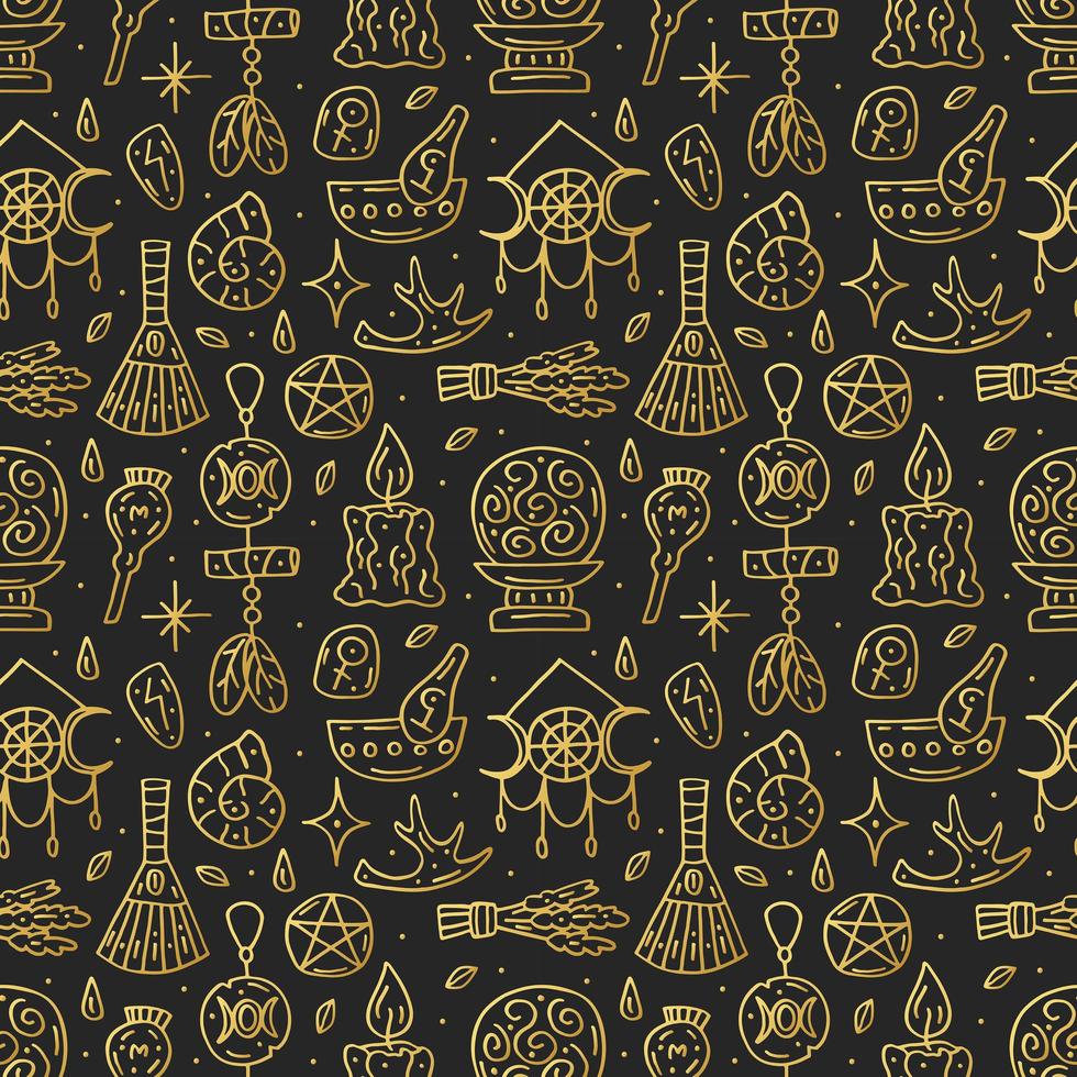 Witchcraft golden doodle hand drawn seamless pattern vector