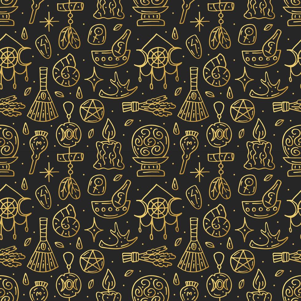 Witchcraft golden doodle hand drawn seamless pattern vector