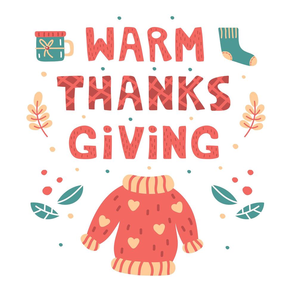 Warm thanksgiving hand drawn lettering, elements vector