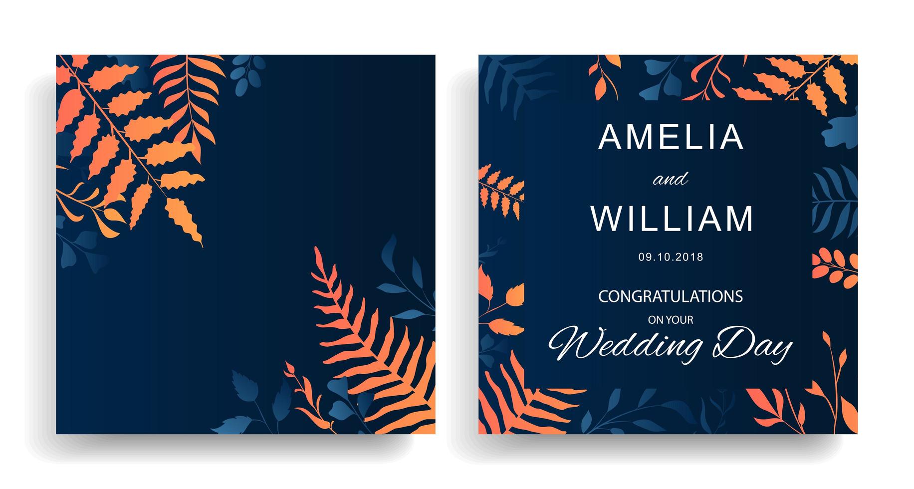 tarjetas de boda con gradiente de hojas naranjas y azules vector