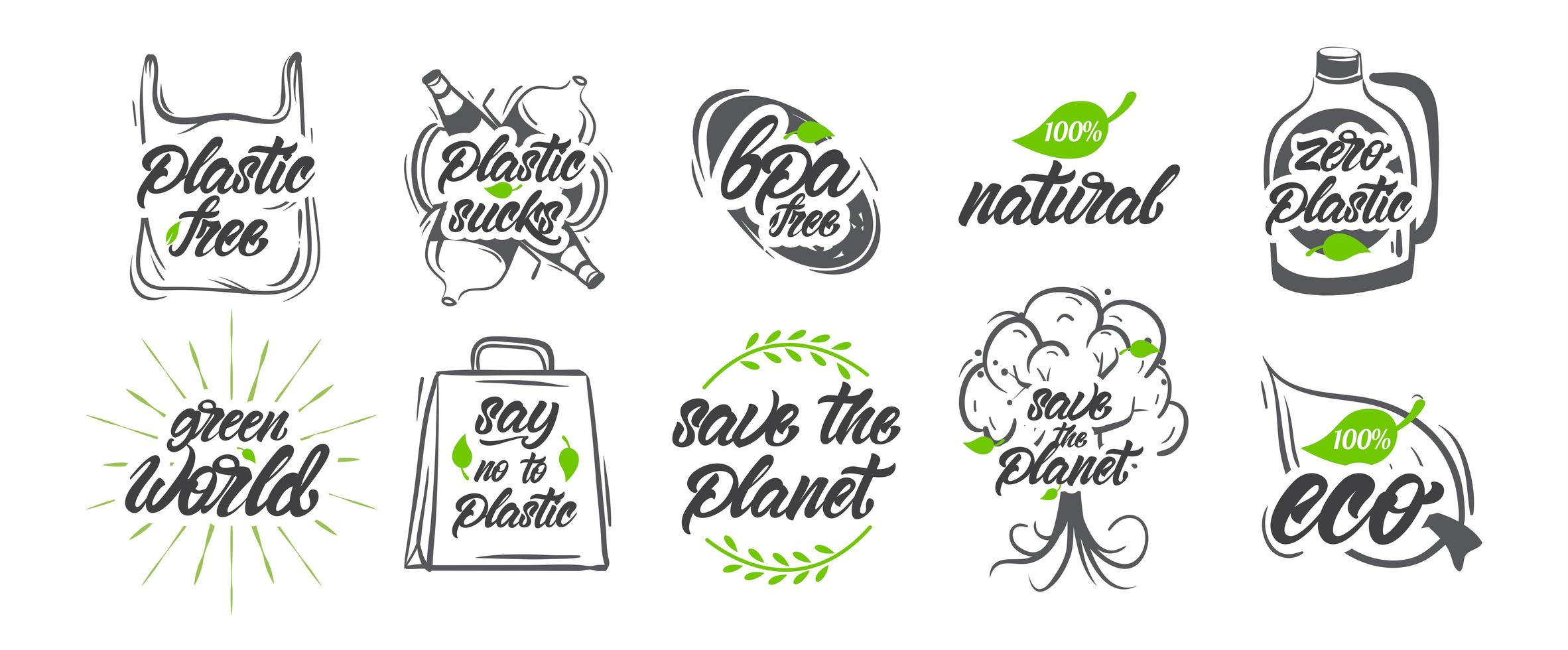 Collection of natural, no plastic, save the planet logos vector