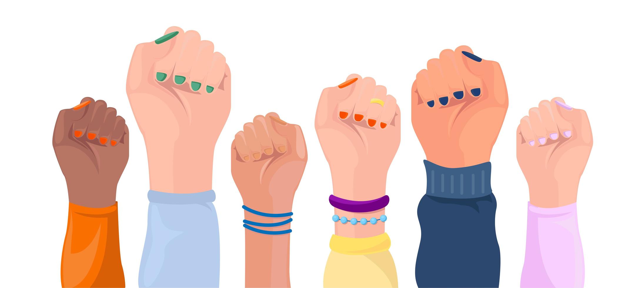 Raised women hands with different skin colors vector