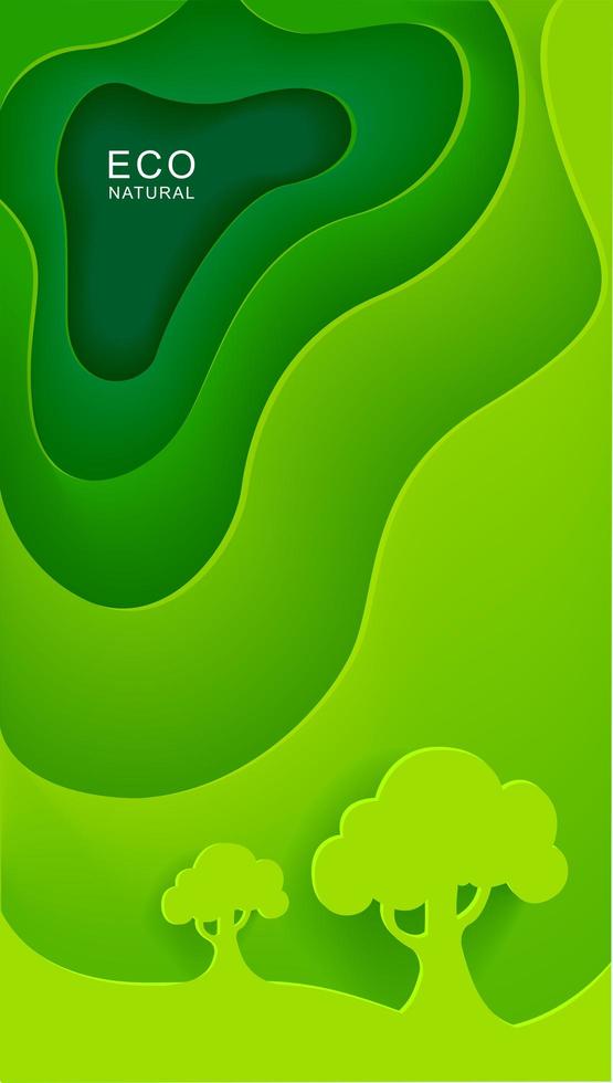 cartel vertical verde con árboles en estilo papel vector