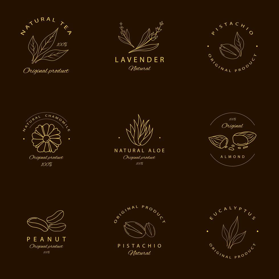 Golden line style natural food and plant emblems vector