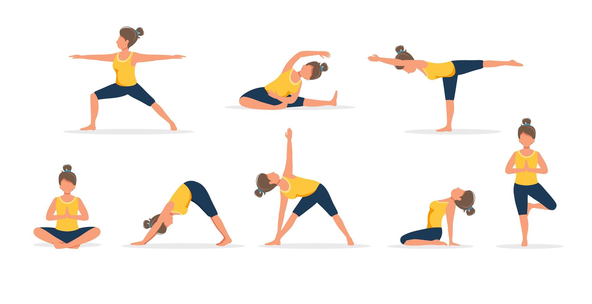 Woman practicing yoga, set of different poses vector