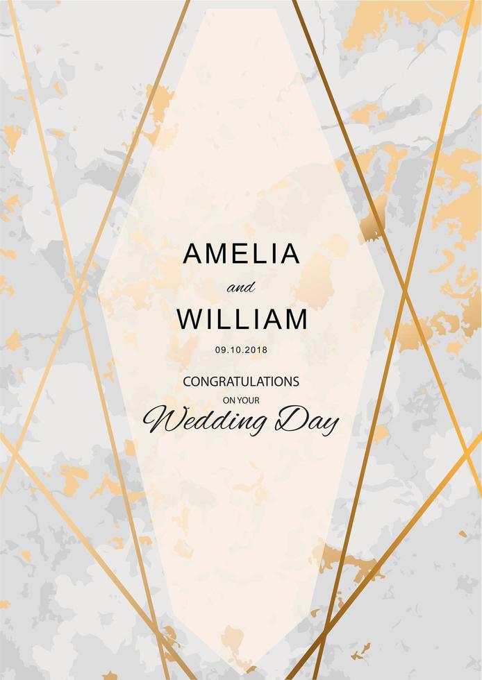 Wedding invitation with marble texture and gold lines vector